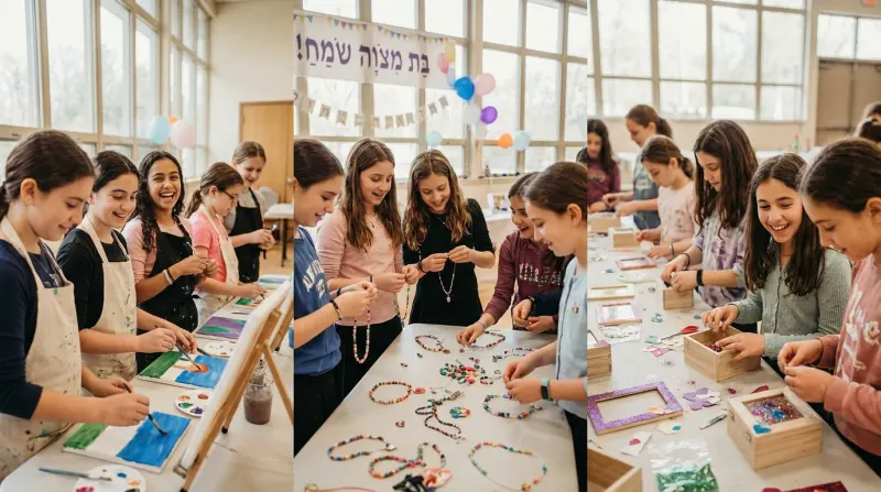 קולאז' תמונות של סדנאות יצירה מגוונות בחגיגת בת מצווה – ציור על קנבס, הכנת תכשיטים וקישוט קופסאות עץ.