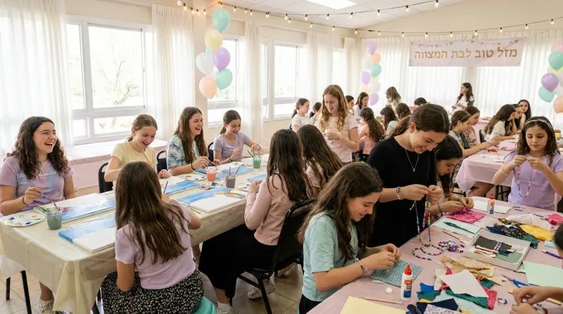 חגיגת בת מצווה יצירתית עם סדנאות ציור ותכשיטנות. נערות יושבות סביב שולחנות עם חומרי יצירה, בלונים בצבעי פסטל ושלט "מזל טוב לבת המצווה" ברקע.