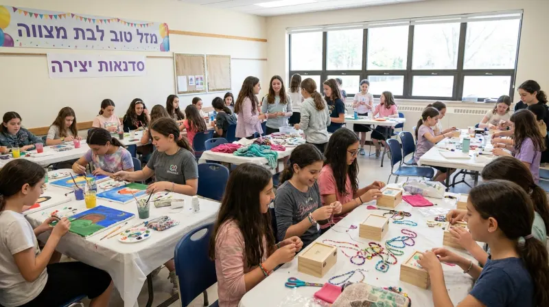 קבוצת בנות משתתפות במגוון סדנאות יצירה, כולל ציור והכנת תכשיטים, במהלך חגיגת בת מצווה.