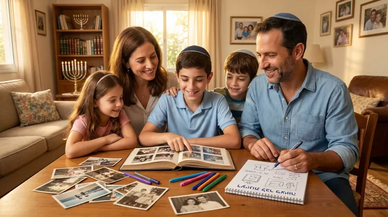 משפחה דתית-לאומית יושבת סביב שולחן עץ, מעיינת באלבום תמונות ישן ועובדת על חוברת שורשים. האב חובש כיפה וכותב במחברת, האם מחייכת, והילדים מצביעים על תמונות מפוזרות.