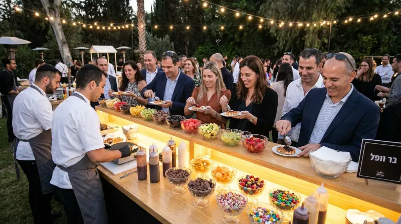 בר וופל בלגי עשיר באירוע גן חיצוני, עם שף המכין וופלים טריים ומגוון רחב של תוספות פירות, שוקולדים ורטבים.