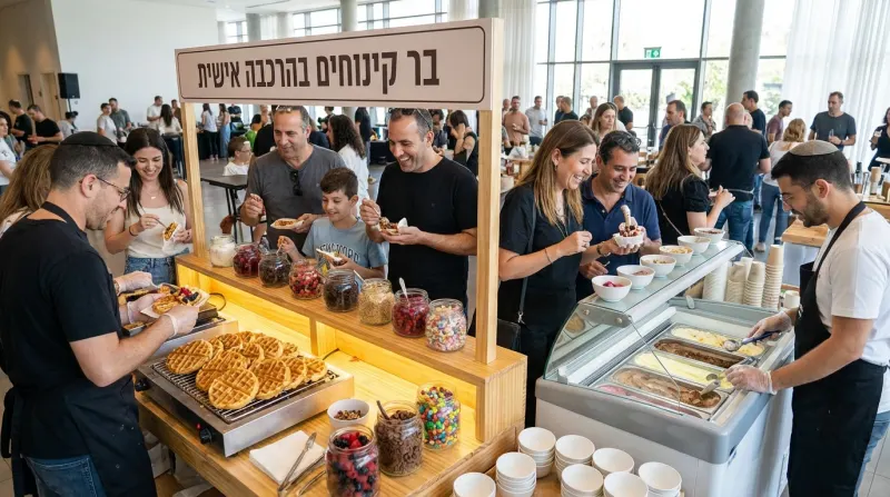 בר קינוחים בהרכבה אישית באירוע, עם עמדת וופל בלגי ועמדת גלידה, ואורחים מחייכים.