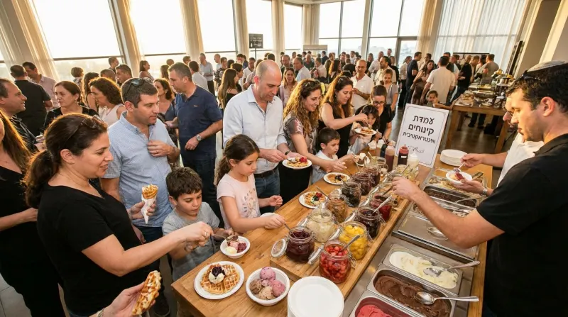 עמדת קינוחים אינטראקטיבית באירוע, עם אורחים הבוחרים תוספות לוופל בלגי וגלידה.