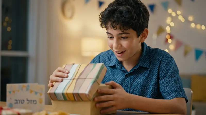 ילד מחייך פותח בהתרגשות קופסת מתנה עטופה במהלך מסיבת יום הולדת בבית, עם קישוטים וכרטיס "מזל טוב" ברקע.
