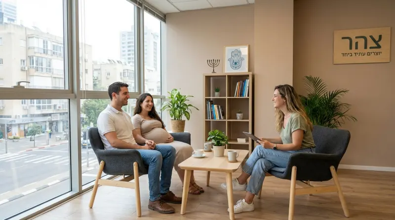 זוג בהיריון בפגישת ייעוץ במשרדי ארגון צהר, עם הלוגו 'יוצרים עתיד ביחד' ברקע