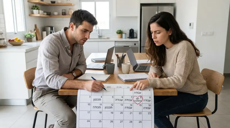 זוג יושב ליד שולחן במטבח ומביט בלוח שנה שבו מסומן "יום החתונה" בלב, מוקף בימי עבודה ותכנון.