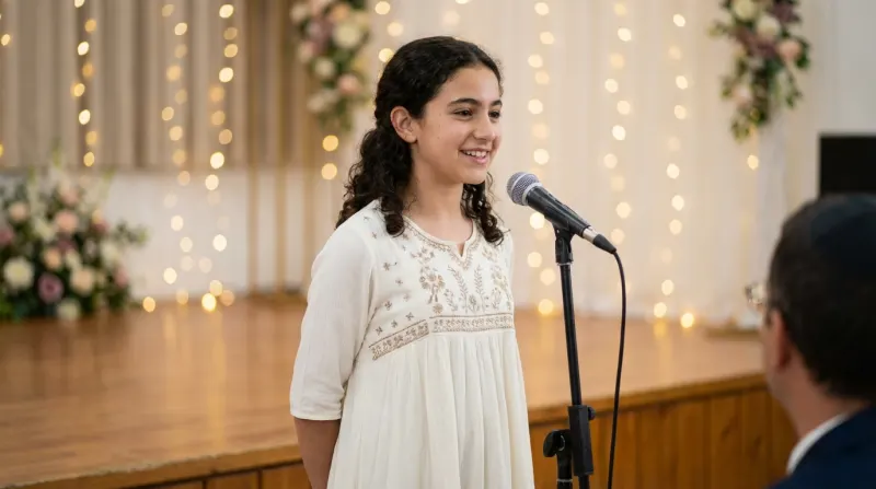 ילדה נושאת דרשת בת מצווה במיקרופון