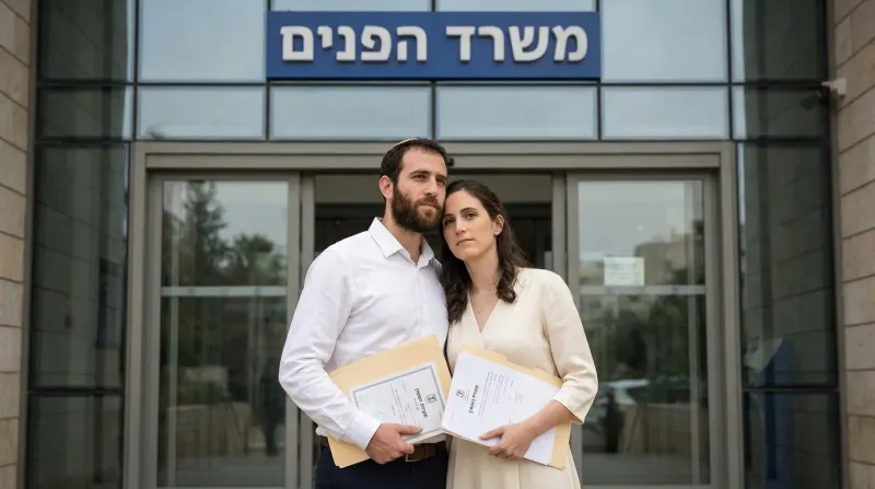זוג צעיר עומד בחזית בניין משרד הפנים עם תיקיות ומסמכים רשמיים בידיהם
