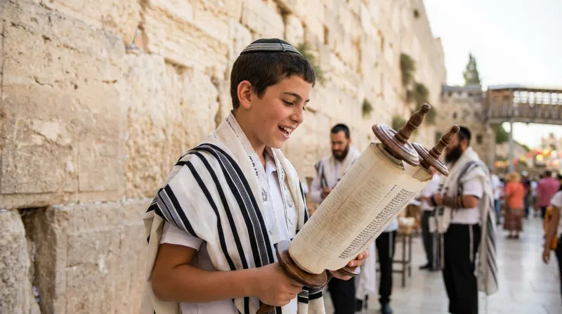 נער בר מצווה קורא בספר תורה ברחבת הכותל המערבי בירושלים
