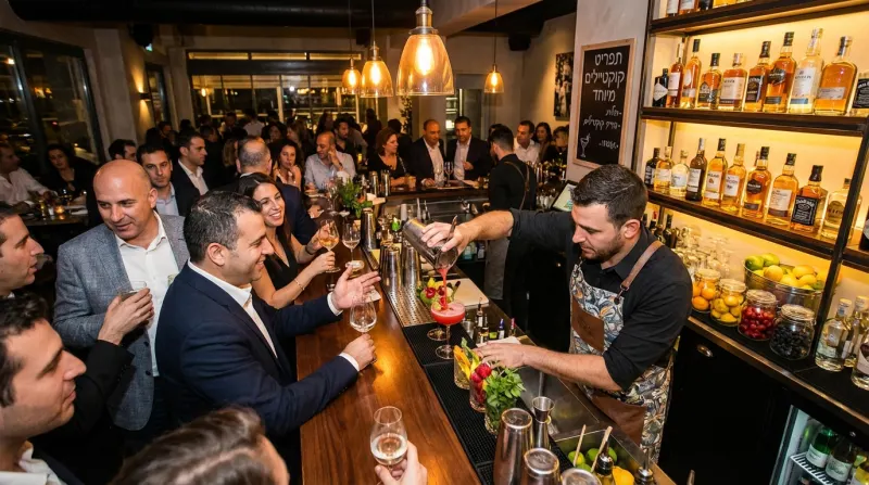 ברמן מוזג קוקטייל אדום בבר הומה. לקוחות רבים נהנים ממשקאות ואווירה חברתית סביב דלפק עץ. ברקע מדפי אלכוהול מלאים ושלט "תפריט קוקטיילים מיוחד".