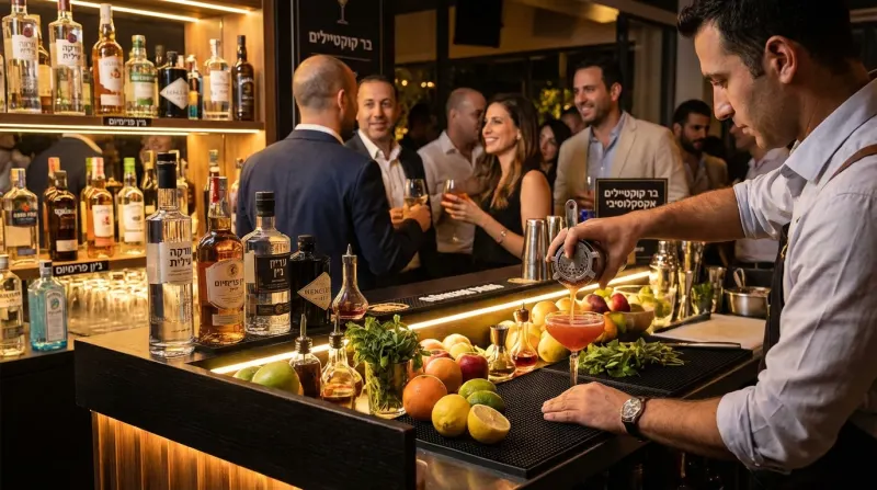 ברמן מוזג קוקטייל מכלי שקשוק לכוס בבר קוקטיילים אקסקלוסיבי והומה אדם.