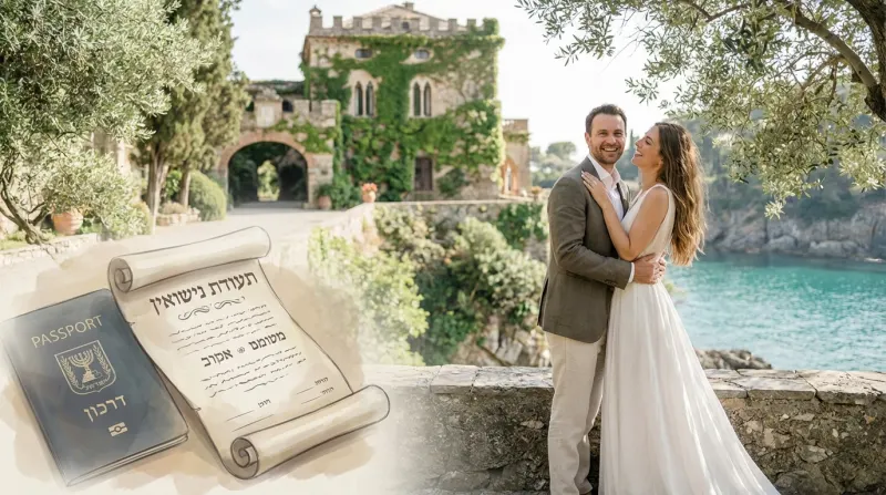 זוג ביום חתונתם בחו"ל, מתחבקים על רקע מבנה עתיק והים, עם איור של דרכון ישראלי ותעודת נישואין בחזית.