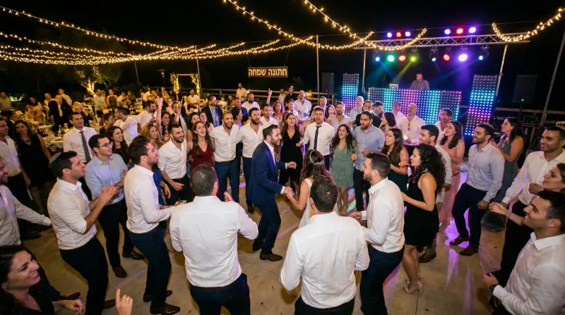 מסיבת חתונה לילית גדולה, עם קהל רב רוקד ברחבת ריקודים חיצונית מוארת בגרילנדות, עם החתן והכלה במרכז ושלט "חתונה שמחה" ברקע.