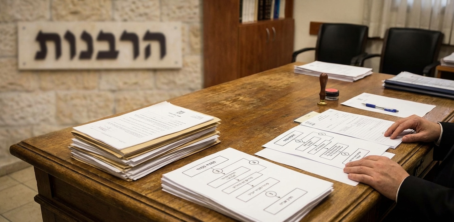 אדם מעיין במסמכים משפטיים ותיקים על שולחן עץ במשרדי הרבנות, עם שלט 'הרבנות' ברקע.