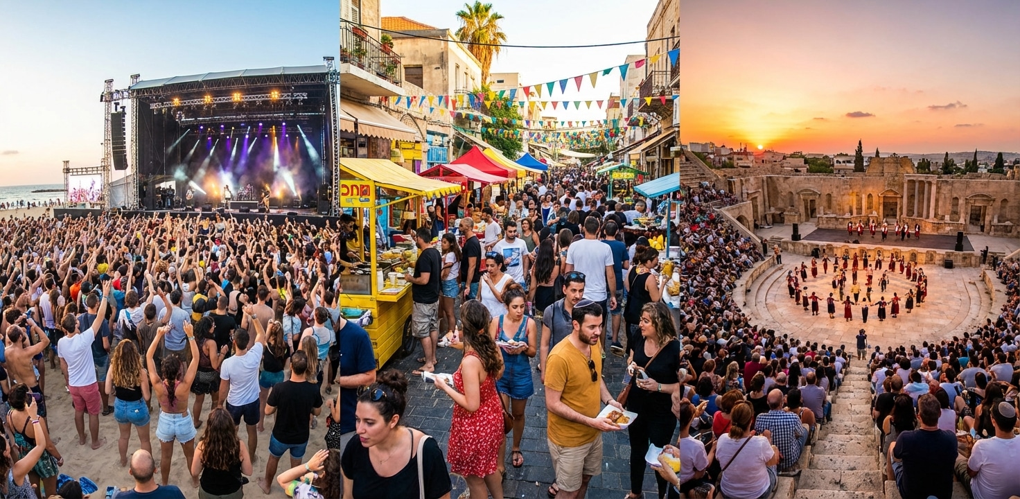 קולאז' תמונות המציג הופעת מוזיקה בחוף הים, שוק אוכל רחוב שוקק, ומופע מחול באמפיתיאטרון עתיק בישראל.
