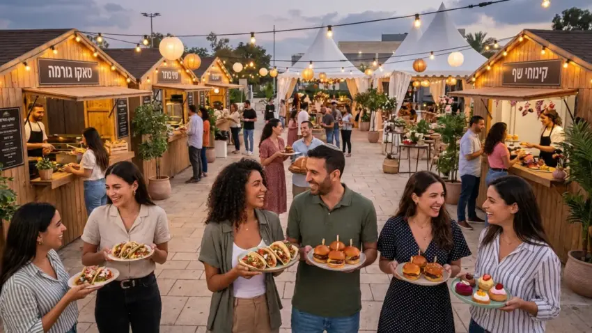 שוק אוכל הומה בערב עם דוכני עץ ואנשים מחייכים מחזיקים צלחות עם מגוון מנות כמו טאacos, המבורגרים קטנים וקינוחים.