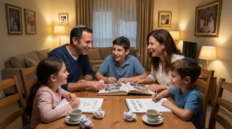 משפחה ישראלית דתית יושבת סביב שולחן האוכל, ההורים והבן הגדול מעיינים באלבום תמונות, ושני הילדים הקטנים מציירים במחברות.