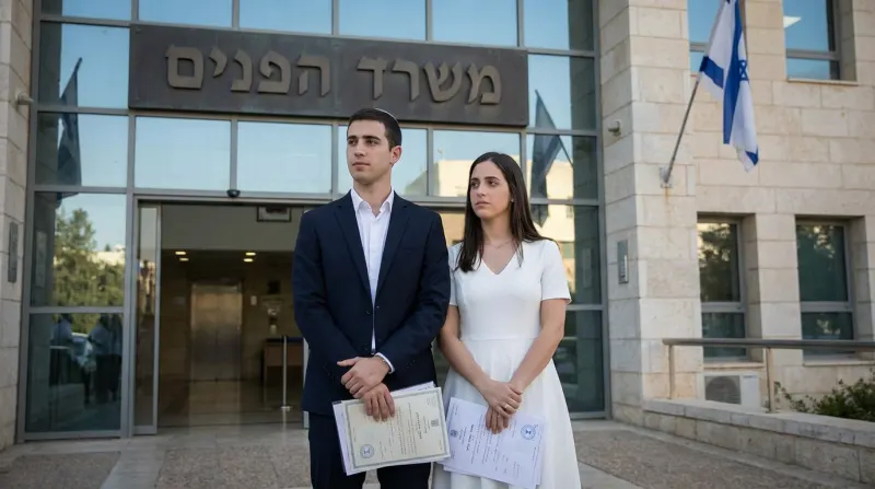 זוג צעיר עומד מול בניין משרד הפנים בישראל, אוחזים בתעודות רשמיות לאחר רישום.