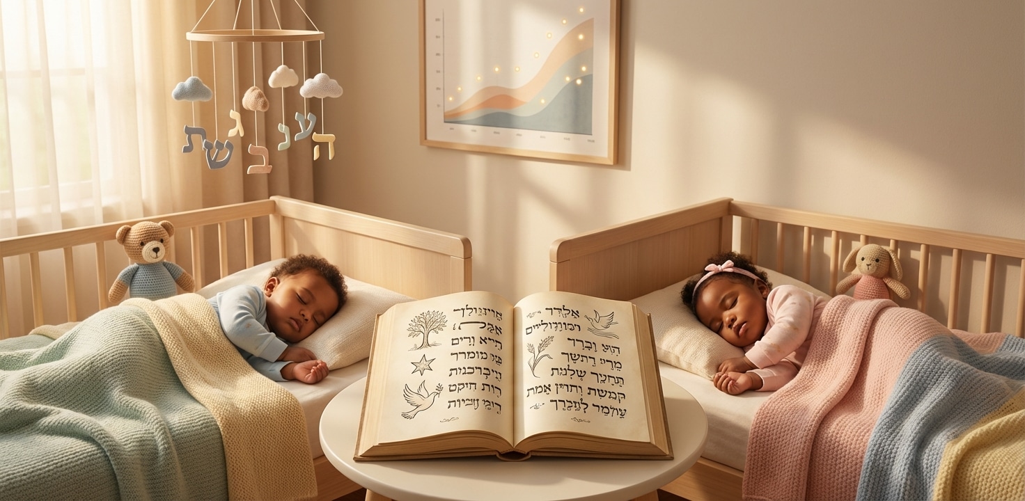 שני תינוקות ישנים בעריסות עץ בחדר ילדים, עם ספר תפילה עברי פתוח על שולחן ביניהם ומובייל אותיות 'שבת' תלוי מעל.