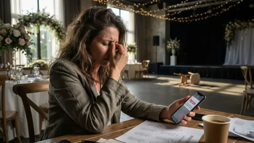 אישה לחוצה ועצובה יושבת באולם חתונה ריק ומסתכלת על סמארטפון המציג את המילה "מבוטל". היא מחזיקה את ראשה בייאוש ליד רשימת מוזמנים.