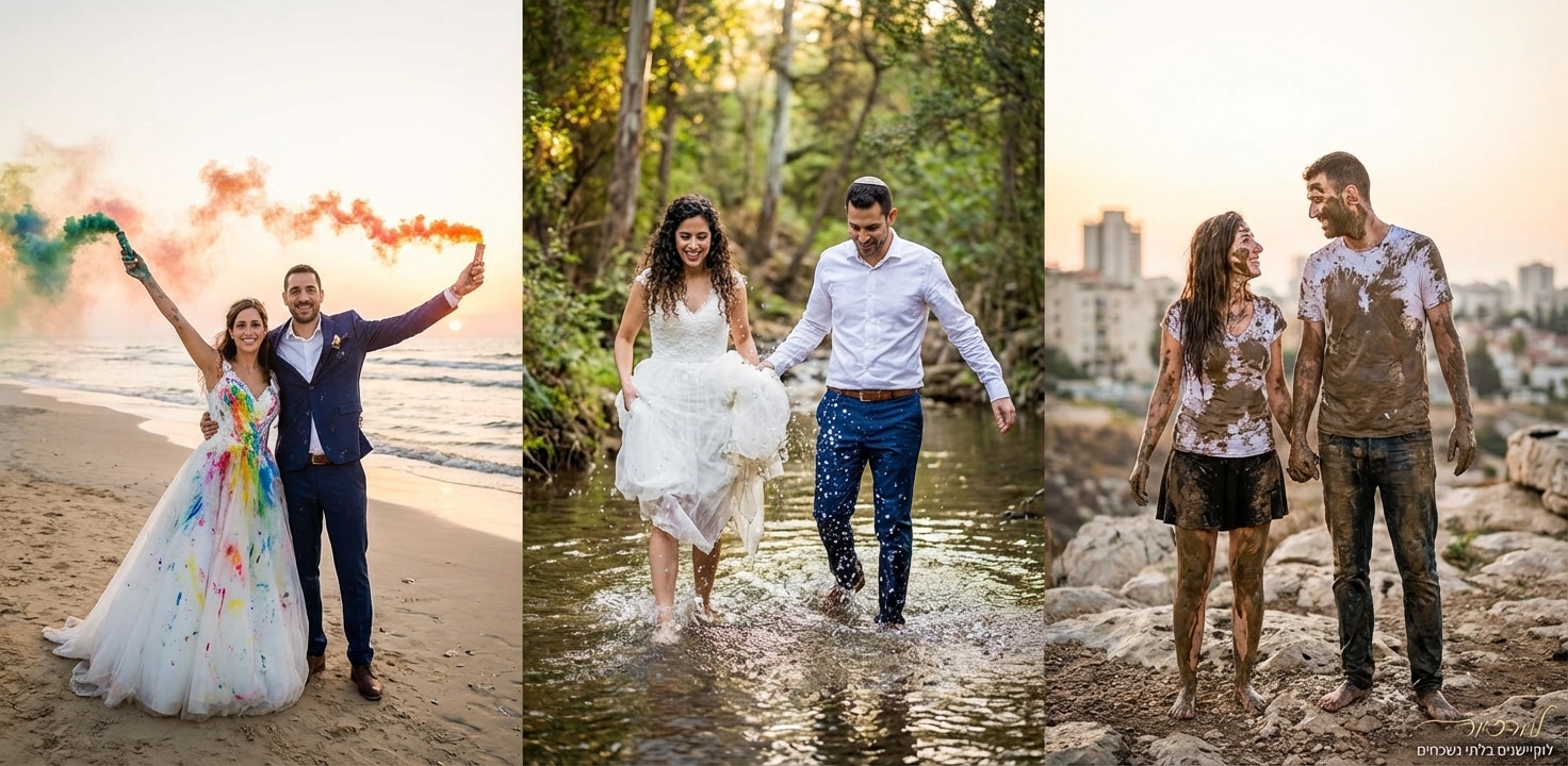 קולאז' תמונות של זוג בצילומי 'טראש דה דרס' (Trash the Dress). התמונות כוללות את הכלה בשמלה מוכתמת בצבע בחוף הים עם רימוני עשן, הזוג הולך במים בנחל, והזוג מכוסה בבוץ על רקע נוף עירוני.