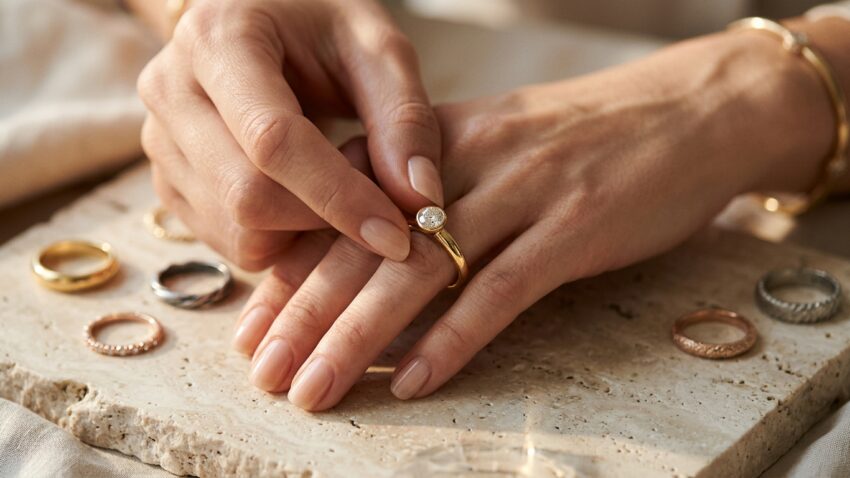 תקריב של ידי אישה עונדת טבעת זהב משובצת יהלום, לצד קולקציית טבעות מעוצבות המונחות על משטח אבן טבעית.
